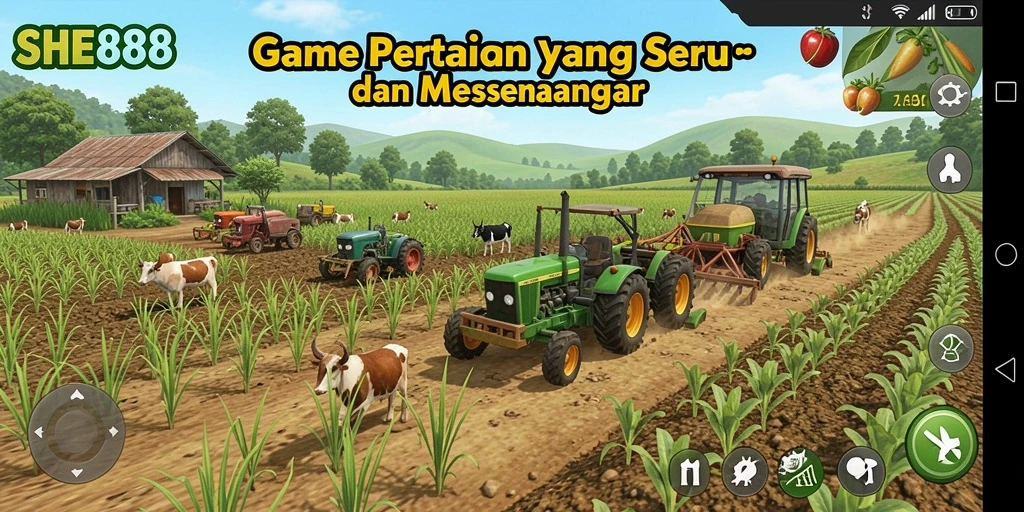 Screenshot dari gameplay SHE888 menampilkan aktivitas bertani yang menarik.