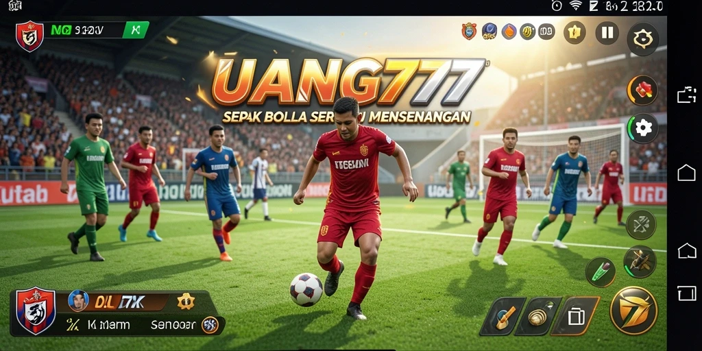 Screenshot gameplay UANG77 menampilkan aksi mendebarkan di lapangan sepak bola.