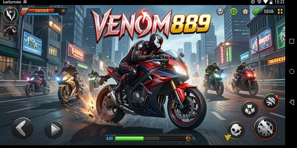 Tangkapan layar gameplay VENOM889 yang menampilkan balapan motor yang mendebarkan.