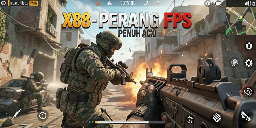 Gameplay mendebarkan dalam X88 dengan pertempuran FPS yang intens.